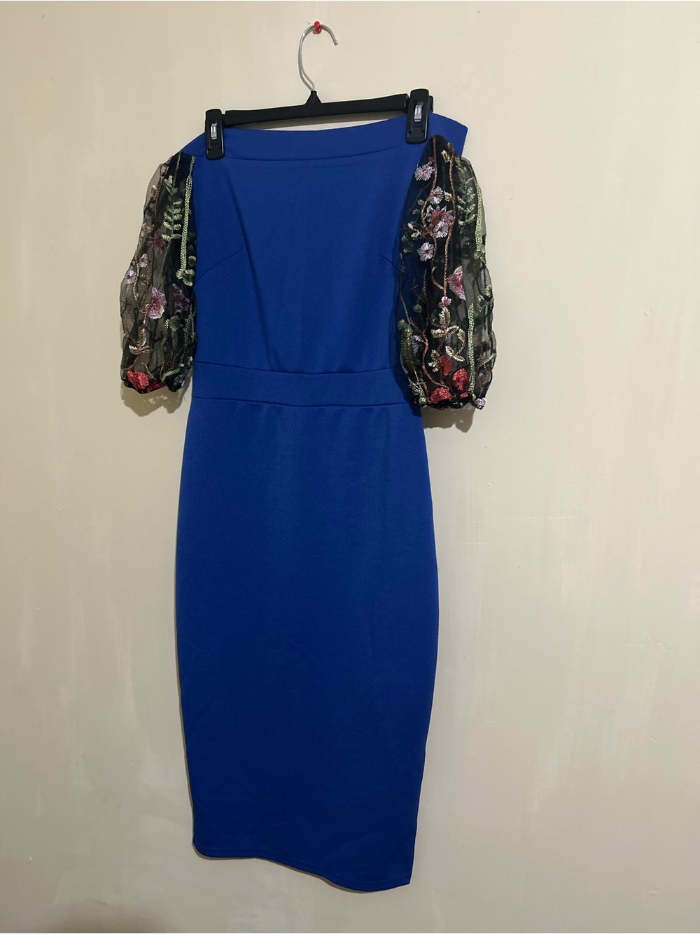 Royal Blue Midi Dress with Embroidered Puff Sleeves